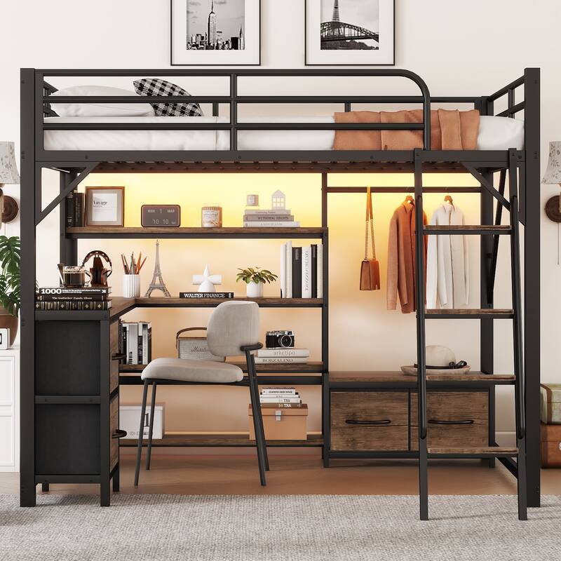 Roomfitters Full/Queen Loft Platform Bed, LED Charging Desk and Wardrobe Shelves with Metal Frame for Bedroom or Guest Room