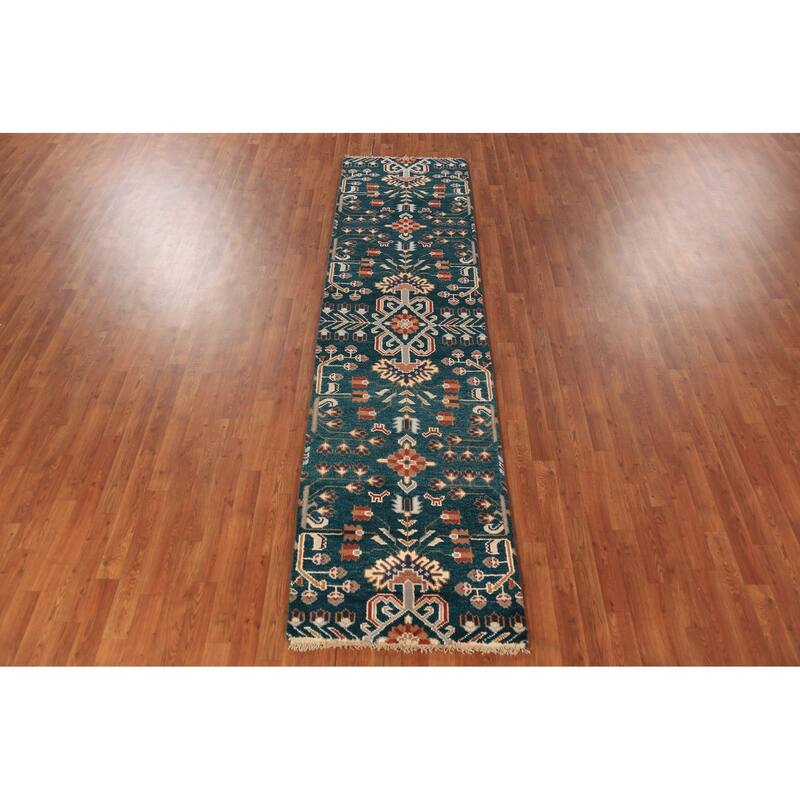 All-Over Green Tribal Kazak Indian Runner Rug Handmade Wool Carpet - 2'7"x 9'10"