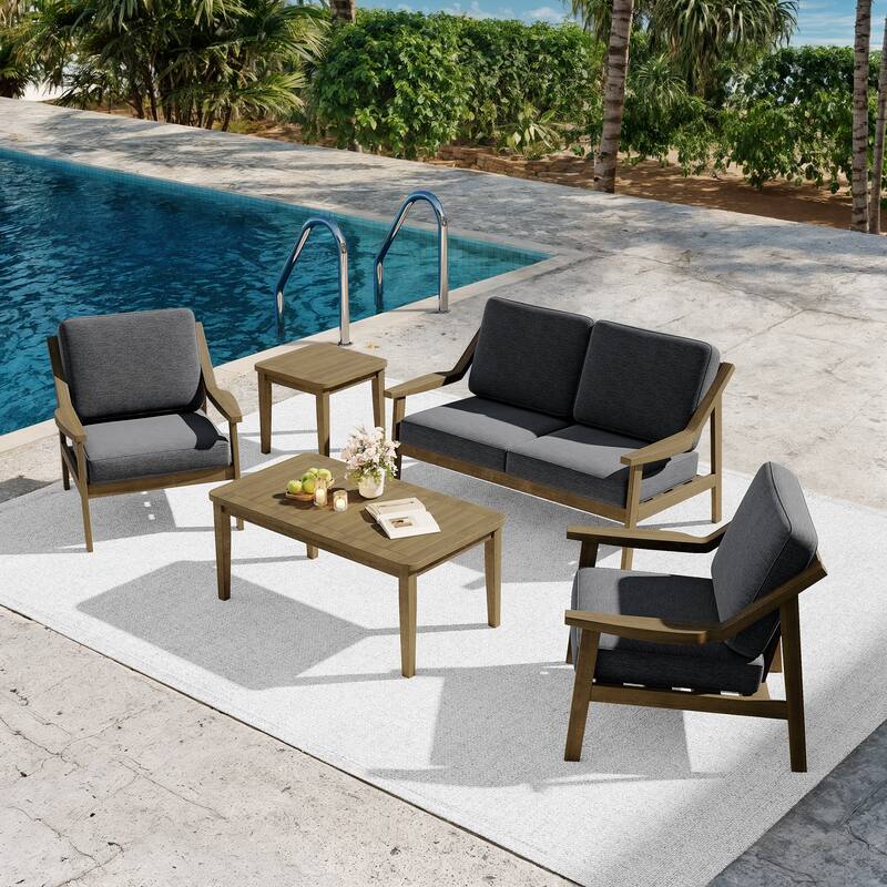 5-piece Adirondack Patio Teak Lounge Chairs Loveseat Conversation Set - NaturalFrame-Dark Grey