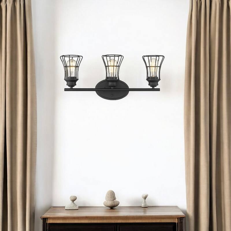 Transitional Bronze 3-Light Wall Flush Mount Sconce with Matte Black Cage Shades and Damp Rated E26 Base