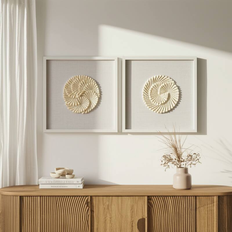 Shell Wood Frame Wall Art Coastal Spiral Design (Set of 2) - 20" Ivory