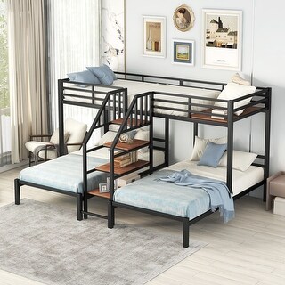 Industrial Design Twin over Twin & Twin Triple Metal Bunk Bed,Staircase with Storage Shelves,Safety Guardrail