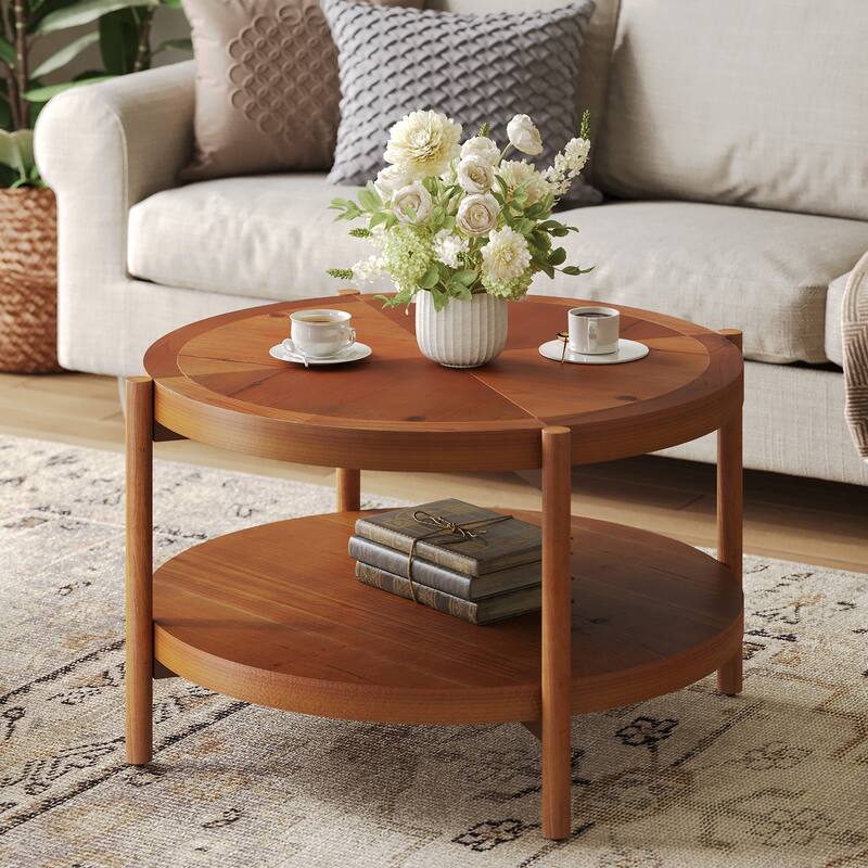 32" Double-Layer Solid Wood Round Coffee Table