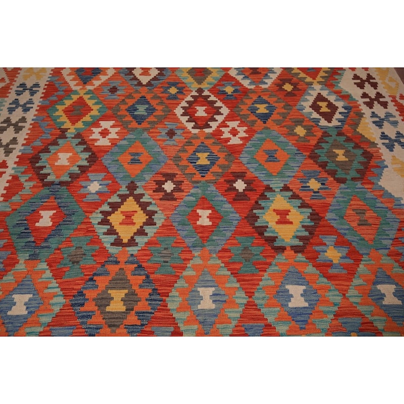South Western Style Kilim Area Rug Flatweave Wool Carpet - 8'1" x 9'10"