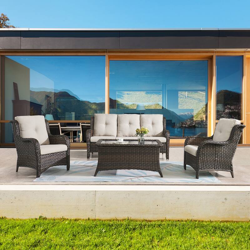Gymojoy Outdoor 3-Seat Sofa Pario Chair Coffee Table with Cushion - Beige - Brown