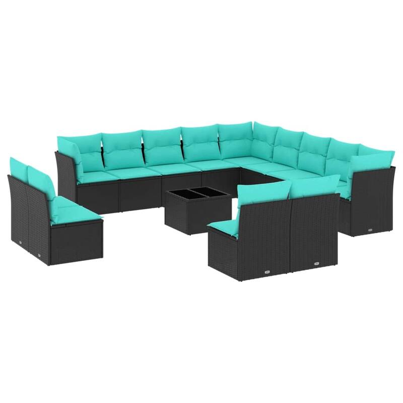 vidaXL 14 Piece Patio Sofa Set with Cushions Black Poly Rattan - 157.3x27.2x157.3