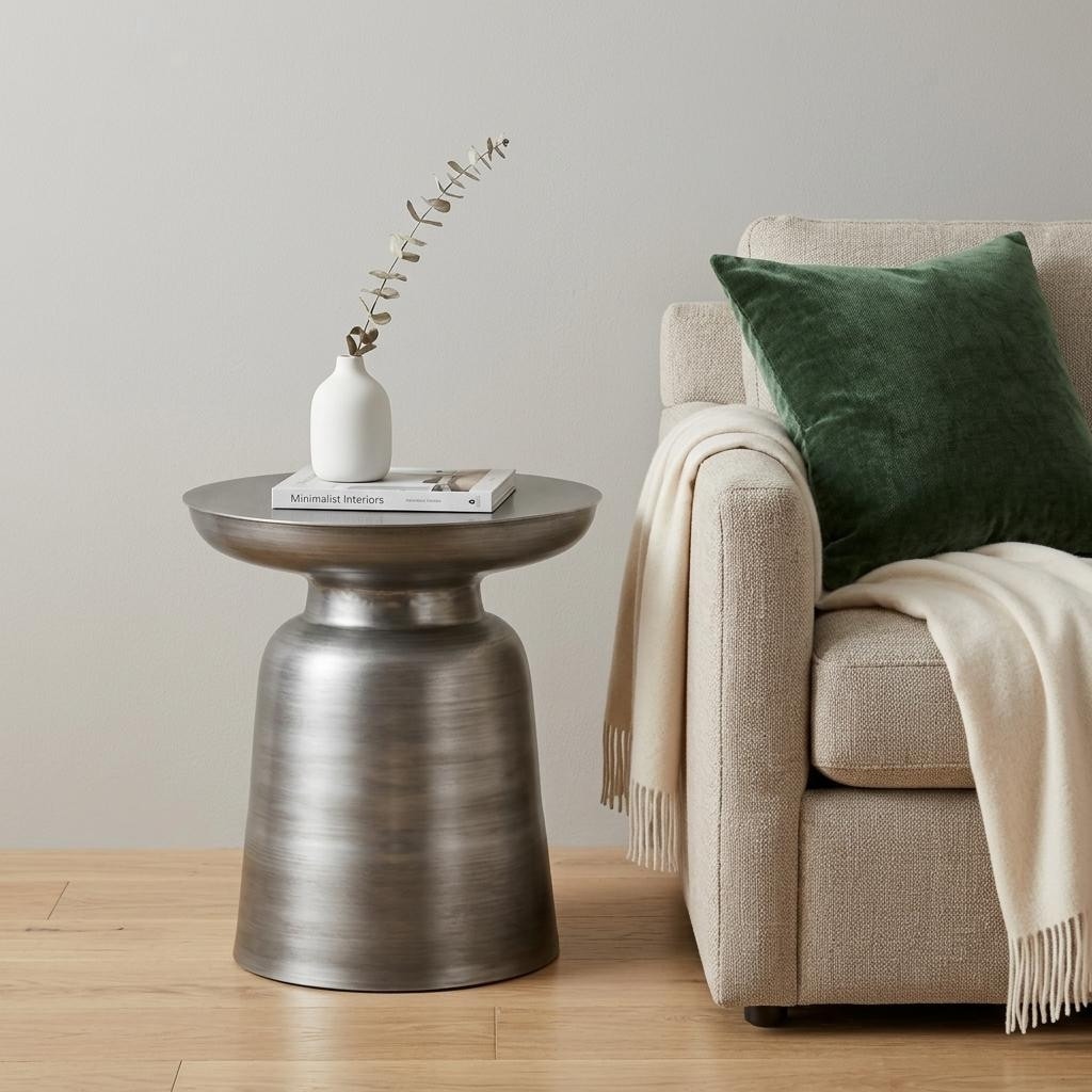 HomeRoots 18" Glossy Silver Iron Round Pedestal End Table - 16.50 in. x 18.10 in. x 16.50 in.