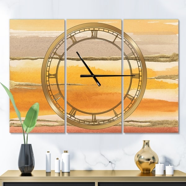 slide 2 of 6, Designart 'Gilded Amber II' Glam 3 Panels Large Wall CLock - 36 in. wide x 28 in. high - 3 panels