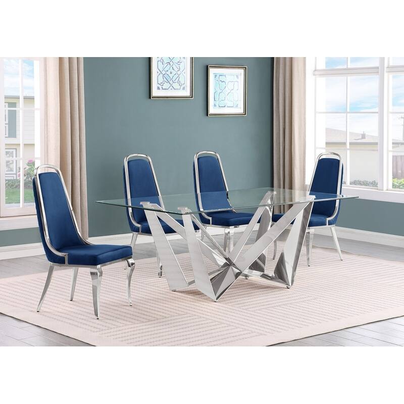Best Quality Furniture D400/1-SC310-7 Dining Set with 78" 12mm Glass with Bevel - 5-Piece - Navy Blue / Silver