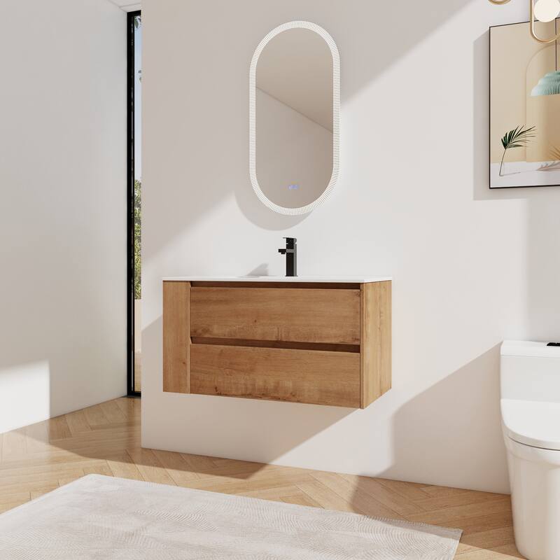 35.9-Inch Modern Bathroom Vanity with Ceramic Sink, Adjustable Side Shelf, Soft-Close Drawers, and 45° Beveled Invisible Handle