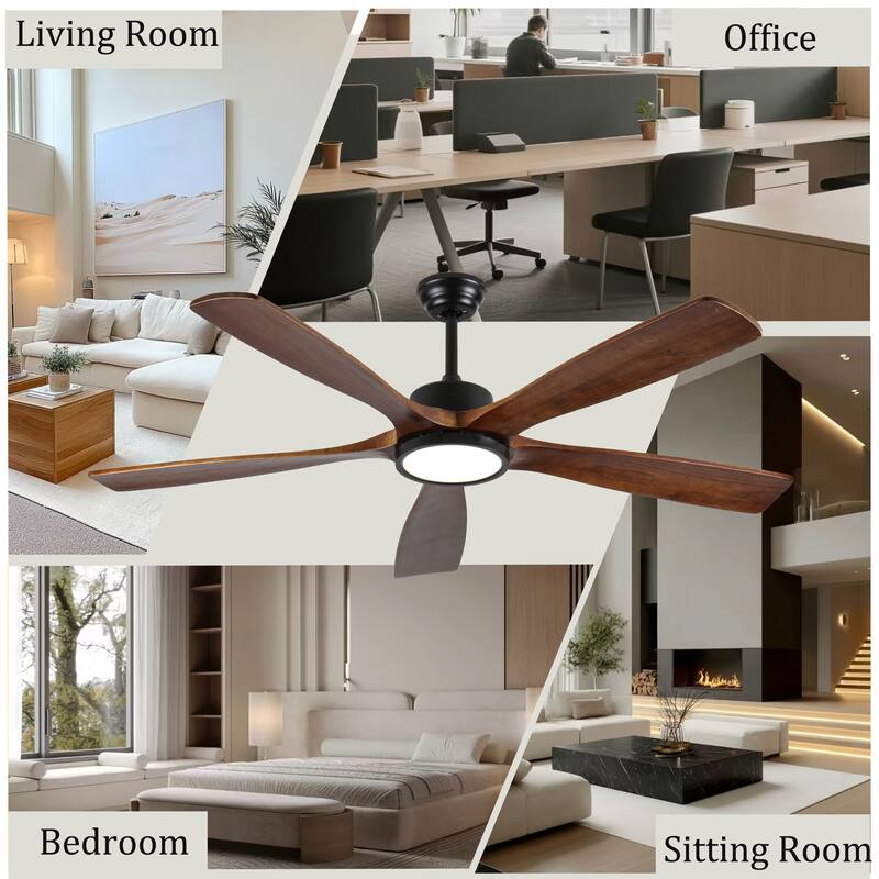 60-Inch Ceiling Fan with Light, 5 Solid Wood Blades, Downrod Mount for Sloped Ceiling ≤15°, Quiet Reversible DC Motor