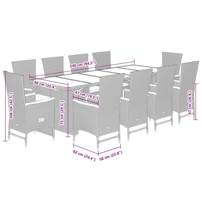 vidaXL Garden Dining Set Black, Cream White PE rattan, Steel, Acacia wood - 35.4 x 94.5 x 29.5