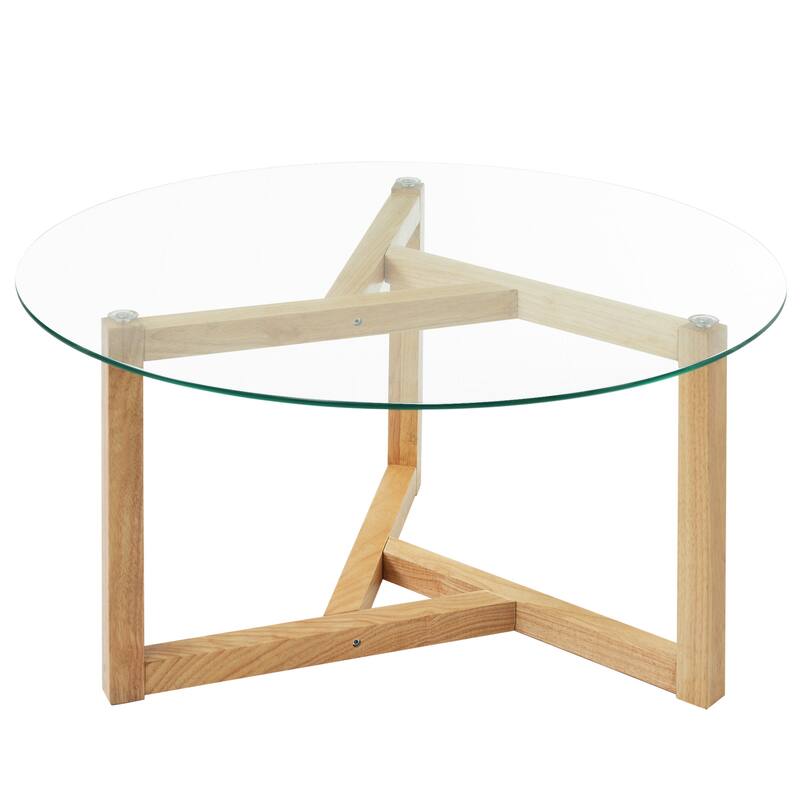35.43" Modern Coffee Table with Tempered Glass Top and Sturdy Wood Base