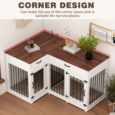 Corner Furniture-Style Dog Crate with Convenient Storage and Divider