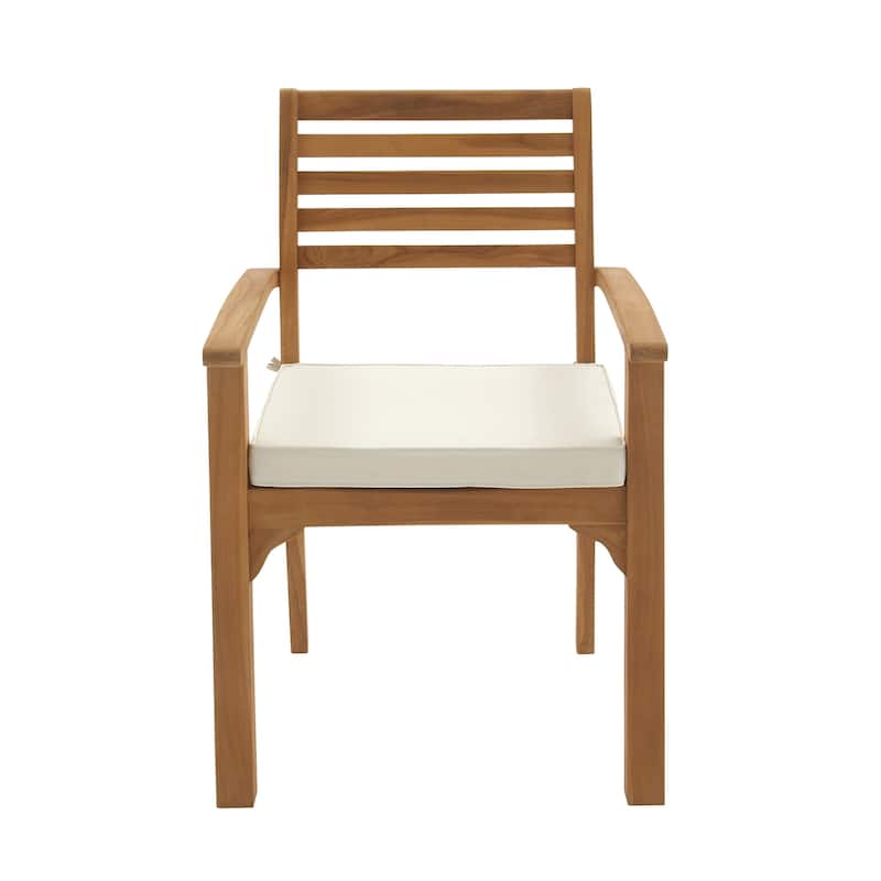 Brown Teak Wood Patio Outdoor Dining Set with White Cushions and Extendable Table Leaf (Set of 7) - 83"W, 30"H(A+B)