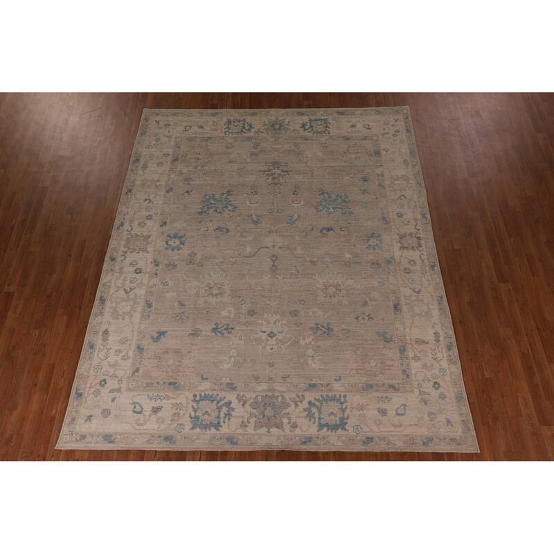 Vegetable Dye Oushak Area Rug Hand-Knotted Beige Floral Wool Carpet - 8'2" x 10'0"