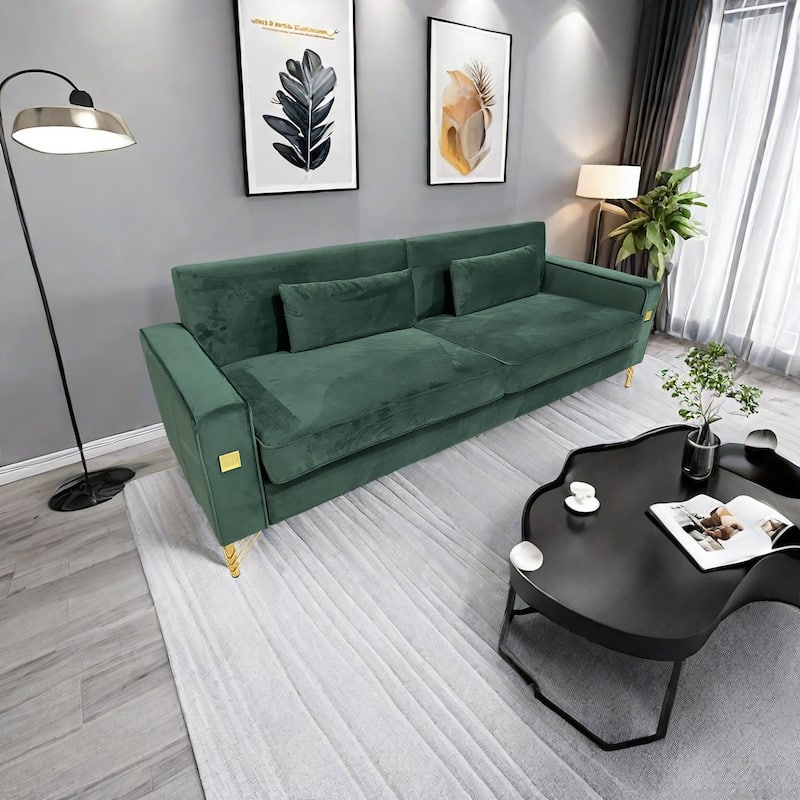 Modern 85.63" Velvet 3-seater Sofa with Gold Accents and Plush Cushions for Living Room
