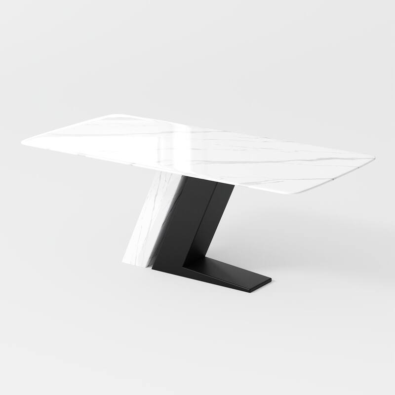 Modern Luxury White Rectangular Dining Table with Glossy Sintered Stone Tabletop, White Z-shaped Stainless Steel Base