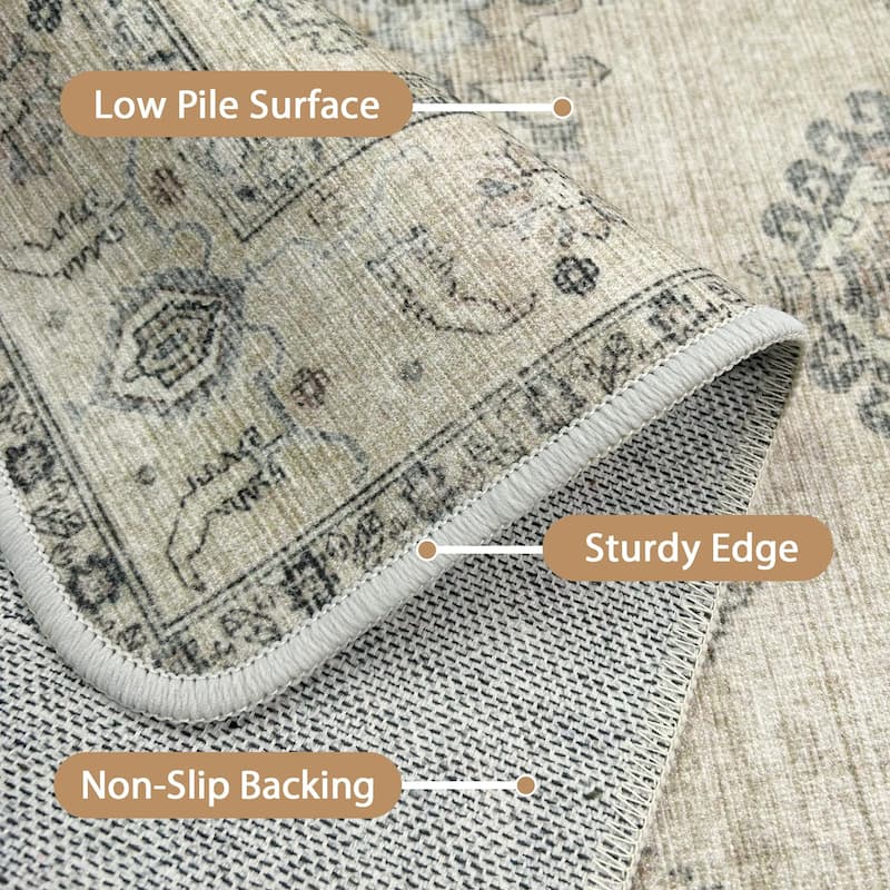 Mcow Vintage Floral Low-Pile Machine Washable Non-Slip Area Rug