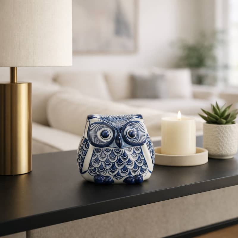 Ceramic Chinoiserie Handpainted Owl Figurine - Blue - 6.0" - Blue