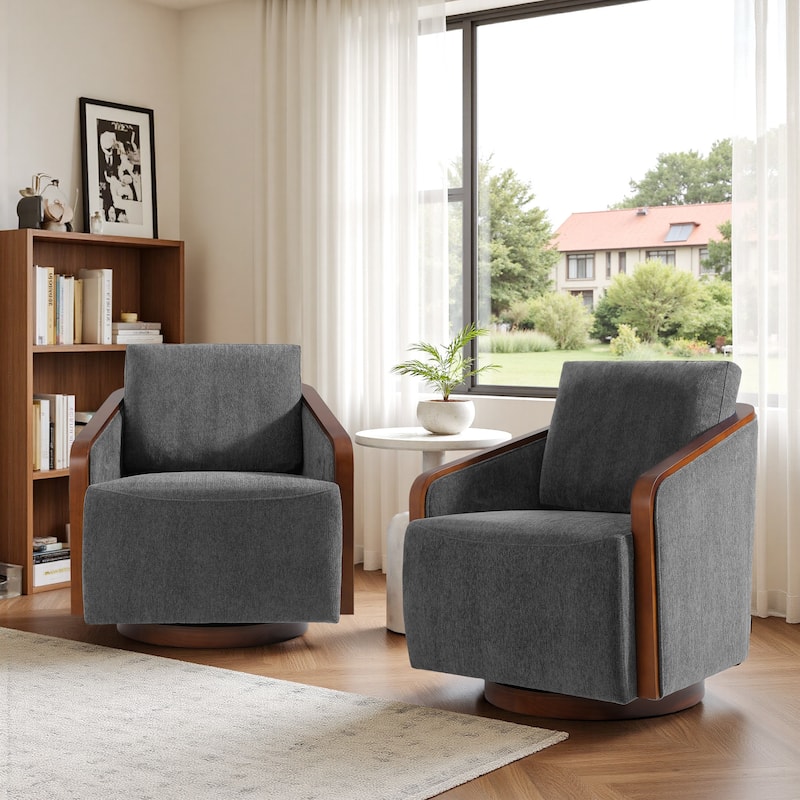 Chenille Modern 360°Swivel Barrel Chair Wood Base (Set of 2)