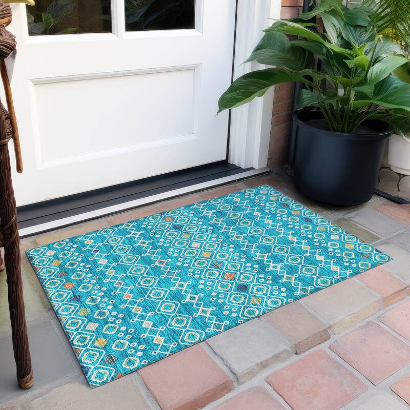 Machine Washable Indoor/ Outdoor Global Contempory Chantille Rug - Teal - 1'8" x 2'6"