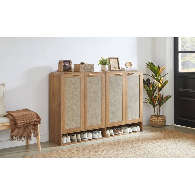 Rattan Shoe Cabinet with Doors & Open Bottom Shelf, Shoe Storage Cabinet with Adjustable Shelves, Wooden Shoes Rack Organizer