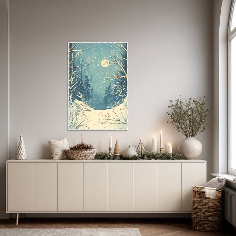 Red Bird in Snowy Forest by Pictufy Studio Framed Canvas Wall Art Print - Sylvie Beaded White