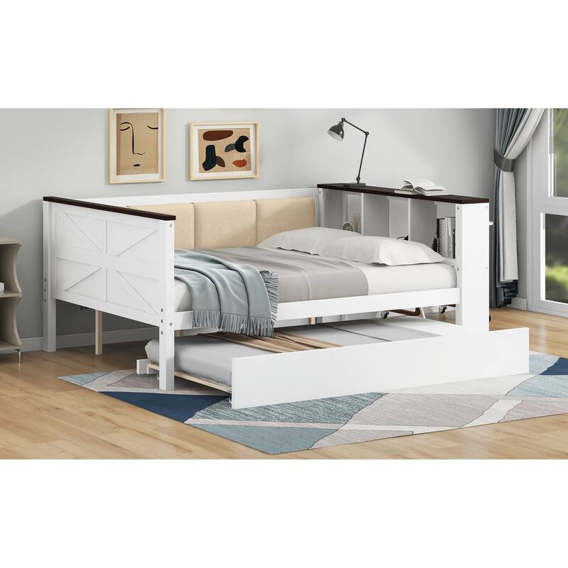 Wood Daybed with Storage Headboard Shelves Built-in USB, Upholstered Backrest and Trundle Bed, White Platform Storage Bed Frame