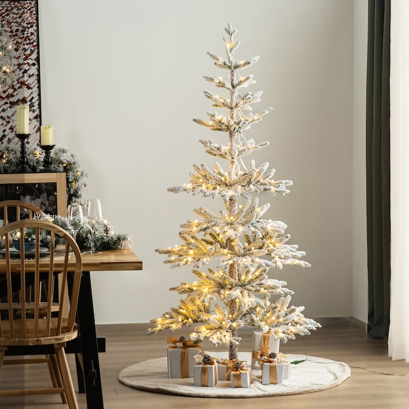 Glitzhome 6ft/7ft/9ft Deluxe Pre-Lit Flocked Slim Fir Artificial Christmas Tree with Warm White Lights