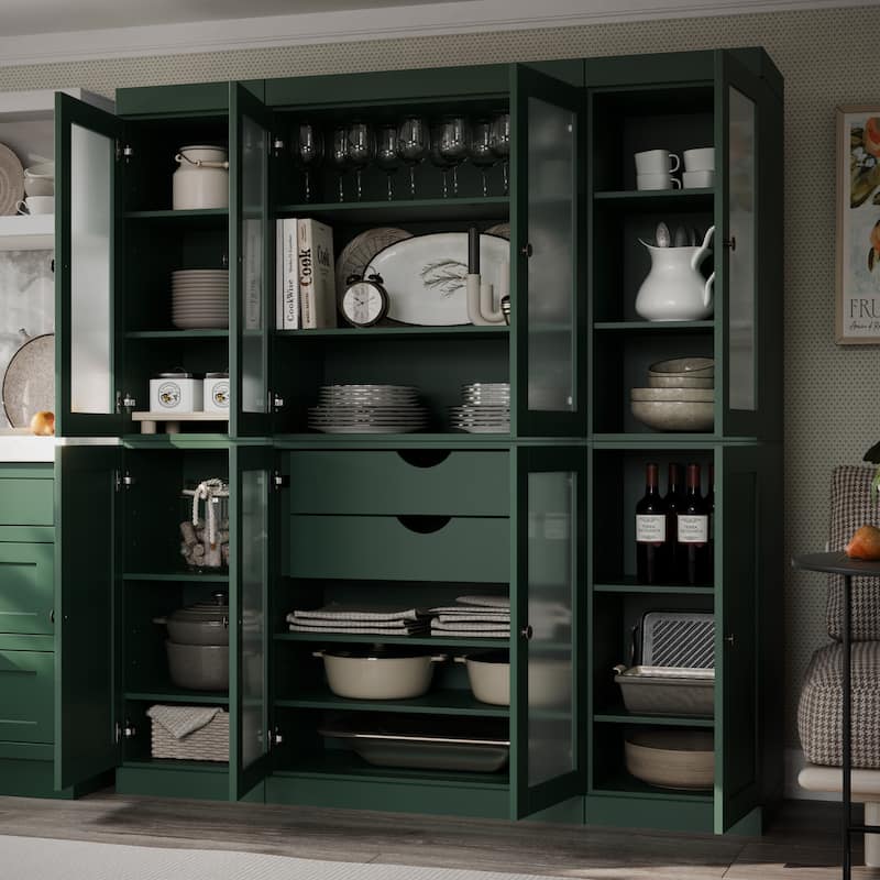 Palace Imports 100% Solid Wood 65" Pantry Cabinet with Frosted Glass, Shaker Doors, 2-Drawers and Adjustable Shelves