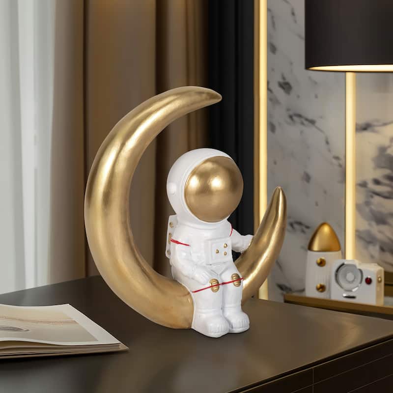 Sagebrook Home Polyresin 7" Space Man on Crescent Moon Figurine in White and Gold - 7" x 3" x 7" - 7" x 3" x 7" - Two-tone White/gold