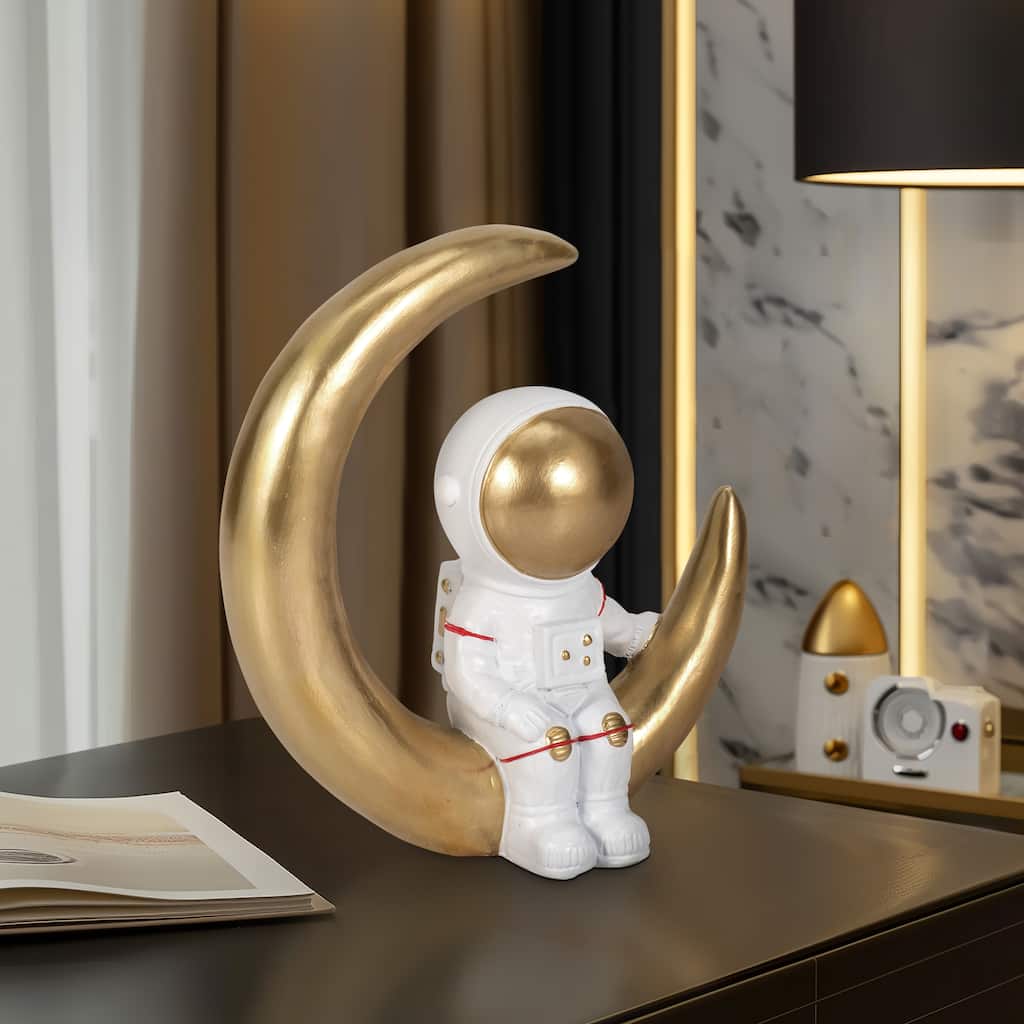 Sagebrook Home Polyresin 7" Space Man on Crescent Moon Figurine in White and Gold - 7" x 3" x 7"