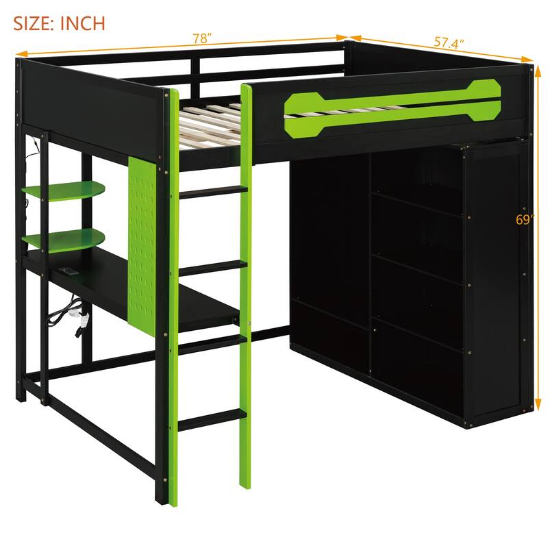 Full Size Gaming Loft Bed with Desk & Wardrobe, Wooden Storage Bed with RGB LED Lighting, Charging Station