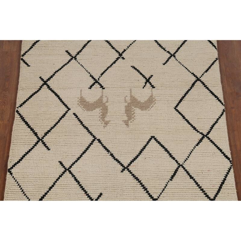 Hand Knotted Oriental 100% Wool Carpet Modern All-Over Beige & Ivories Moroccan Runner Rug - 13' 3'' X 3' 10''
