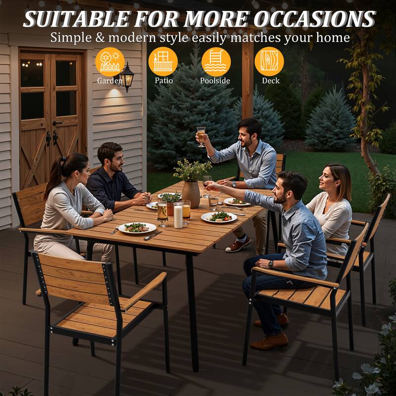 70in Outdoor Patio Rectangle Aluminum Wood-Like Dining Table with Umbrella Hole