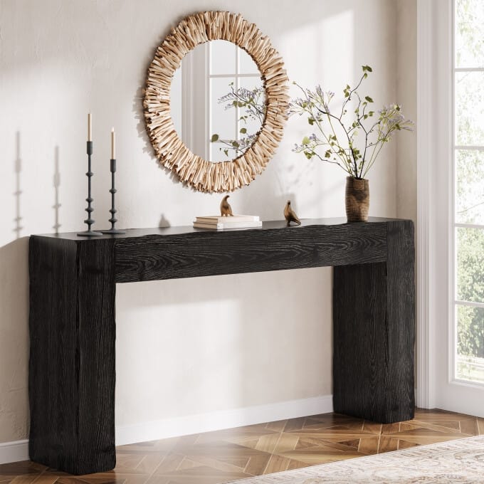Solid Wood Console Table, 63-inch Farmhouse Entryway Table - Black