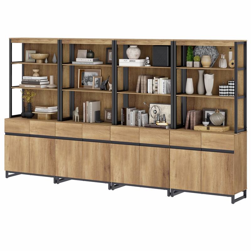 WAMPAT Modern TV Stand with 3 Tiers Bookshelf, Farmhouse Entertainment Center with 4 Large Storage Cabinets and Adjustable Shelf