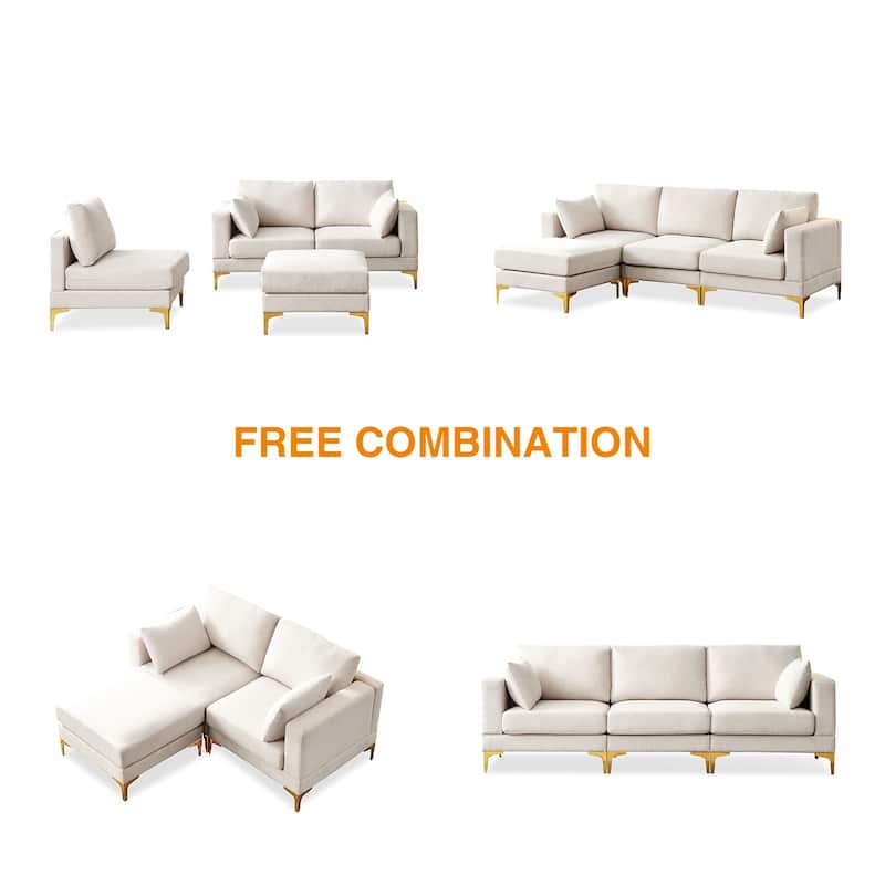 92'' Fabric L-Shape 3-Seater Sofa with Ottoman, Gold Metal Legs, and Toss Pillows