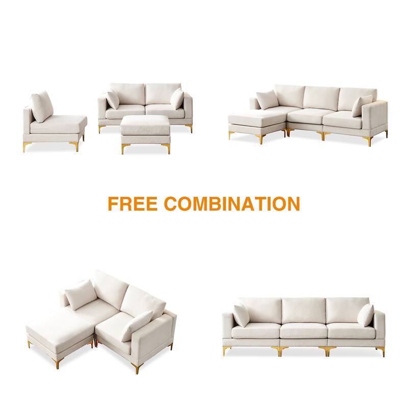 93" L-shape Free Sectional Sofa Couch, Modern Polyester Padded Ottoman Chaise 3 Seater Sofa Lounge Couch with Metal Legs - Beige