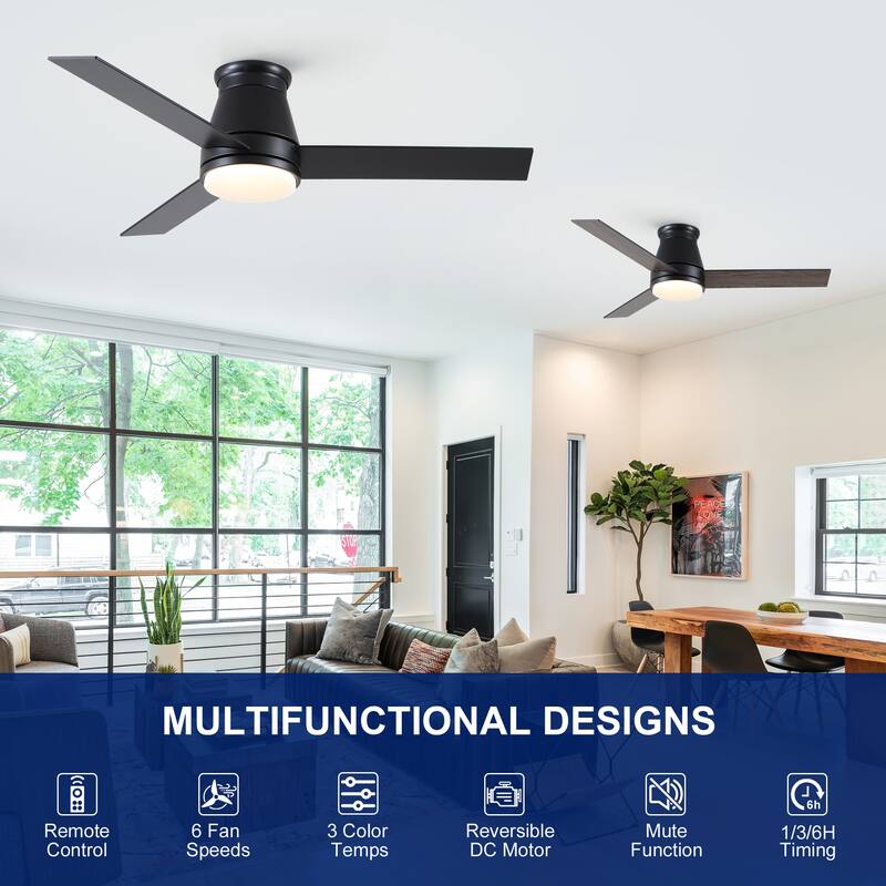 YUHAO AeroLite 48 in. Indoor White Low Profile Standard Ceiling Fan with Bright White Integrated LED Light Kit, Remote Included