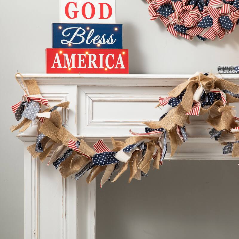 Glitzhome 6 Feet Americana Patriotic July 4th Fabric Garland Wreath - 72"L