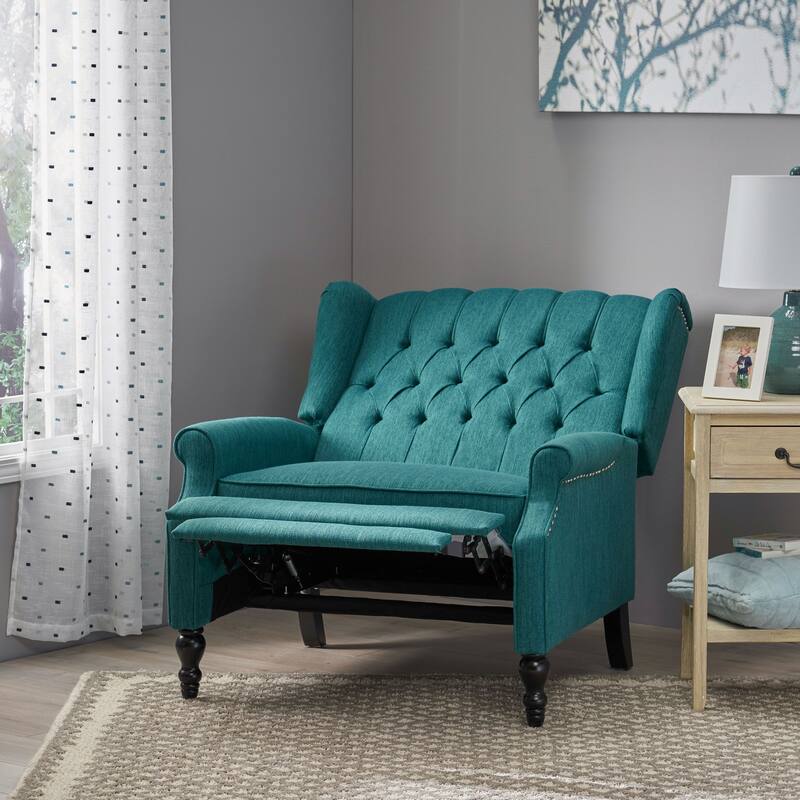 Teal Oversized Wingback Push-Back Recliner with Footrest, Tufted Back, Nailheads