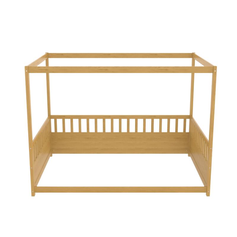 Full Size Wooden Canopy Bed Frame with Guardrails for Kids, Montessori Floor Bed, Four Poster Design
