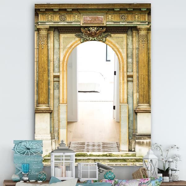 slide 1 of 5, Porch & Den 'Old Wooden Paris Door' Brown Paris Print Mirror