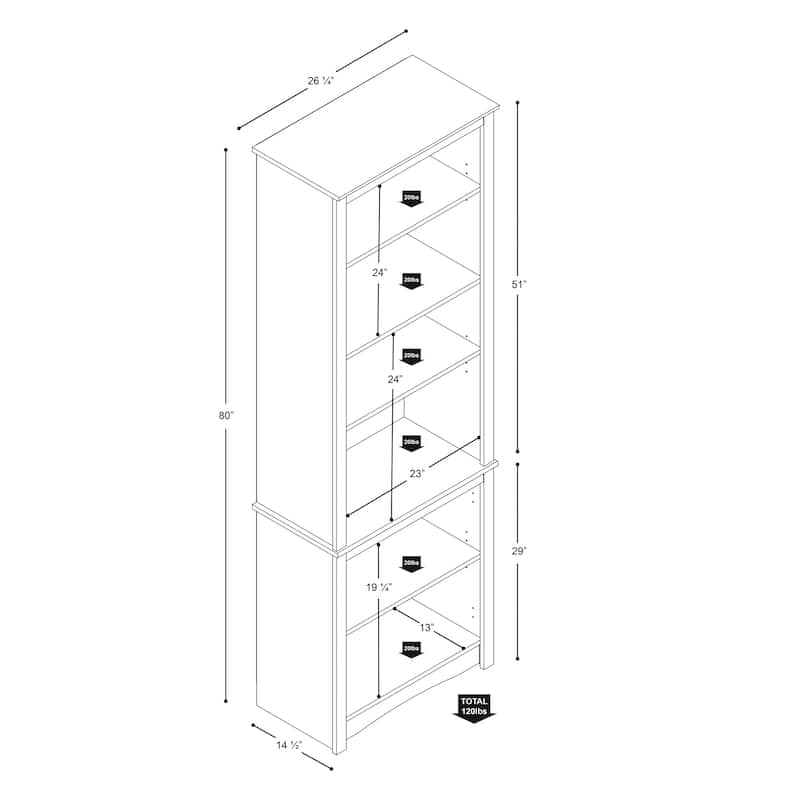 Prepac Tall 6-Shelf Bookcase - 26.25" W x 80" H x 14.5" D