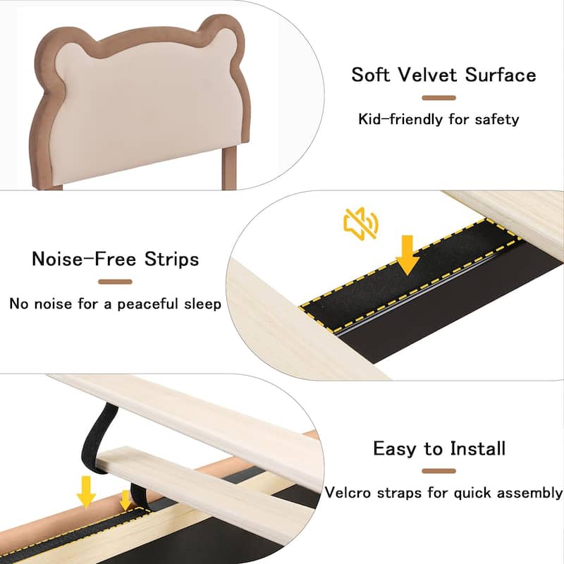 VECELO Twin Beds for Kids, Upholstered Platform Bedframes, Brown Kids Bed Set of 2