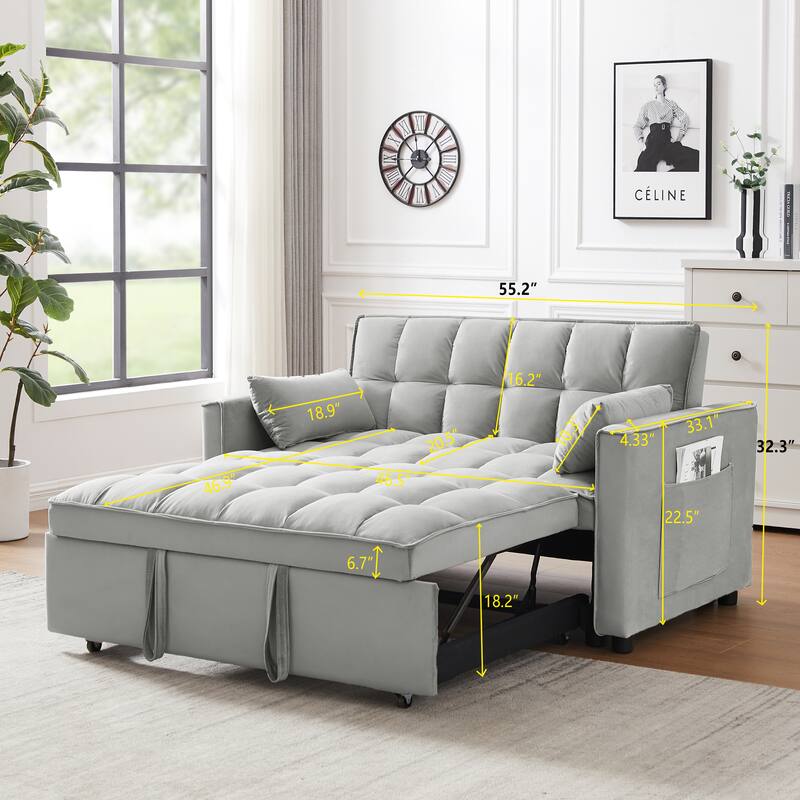 Modern Velvet Loveseat Futon Sofa Couch w/Pullout Bed,Small Love Seat Lounge Sofa w/Reclining Backrest,Toss Pillows