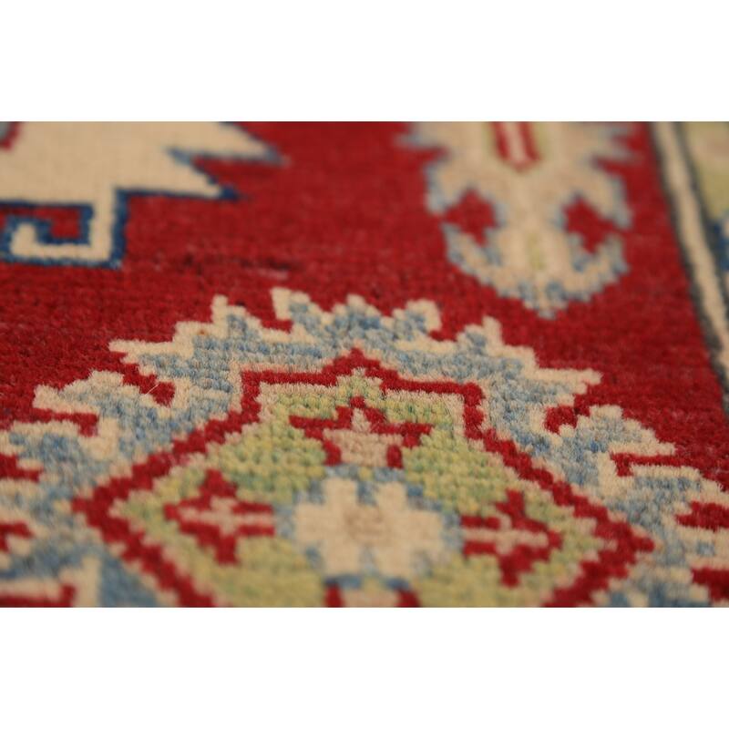 Red Geometric Kazak Foyer Rug Handmade Wool Carpet - 2'8" x 4'3"