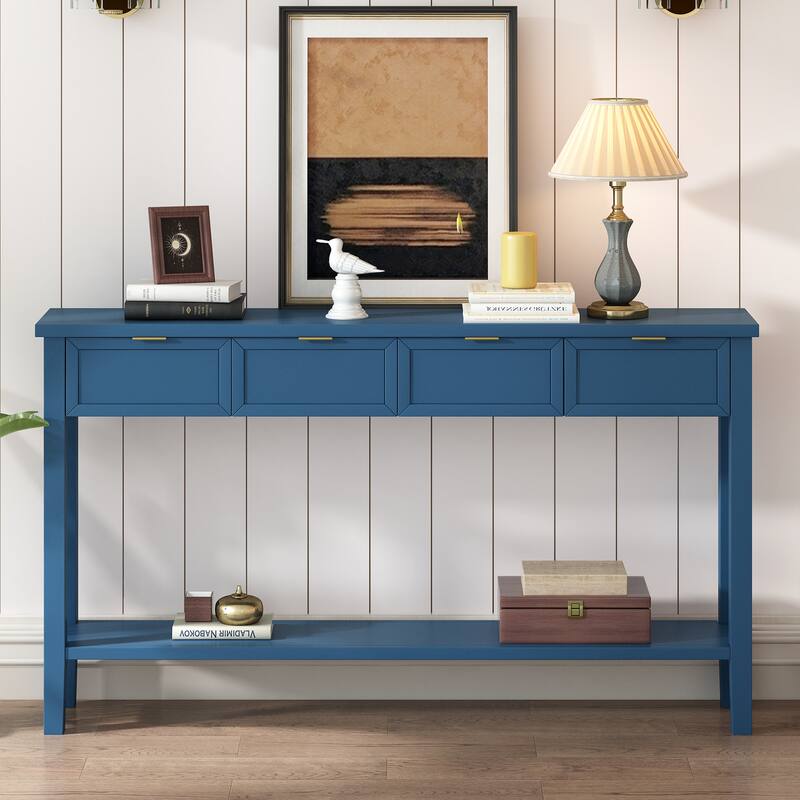 Rectangular Entryway Console Table Hallway Side Table with 4 Drawers & Bottom Shelf - Navy